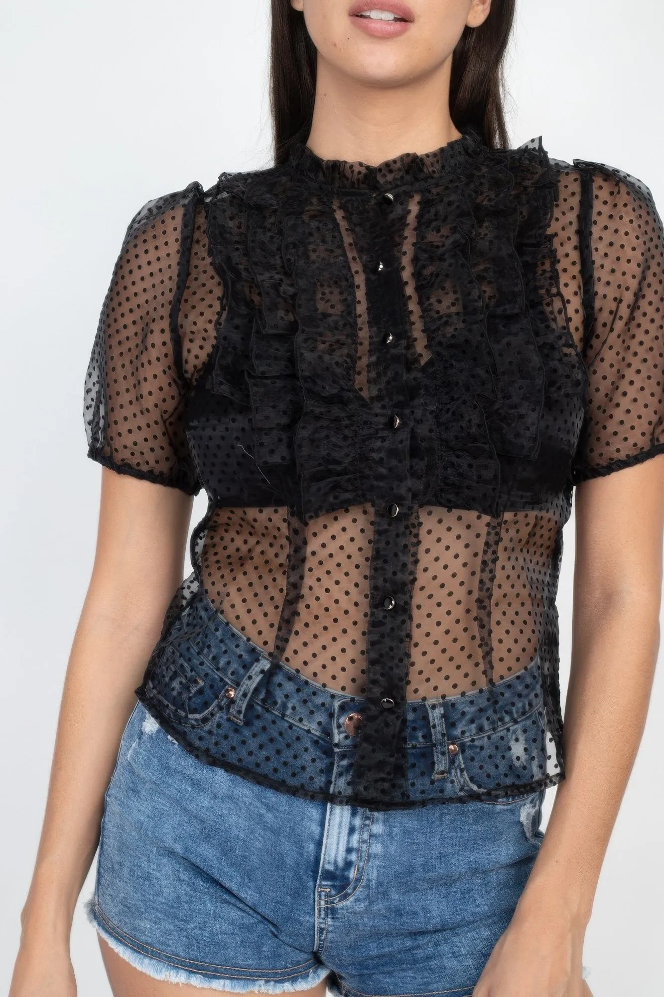 Sheer Ruffle-trim Dot Top