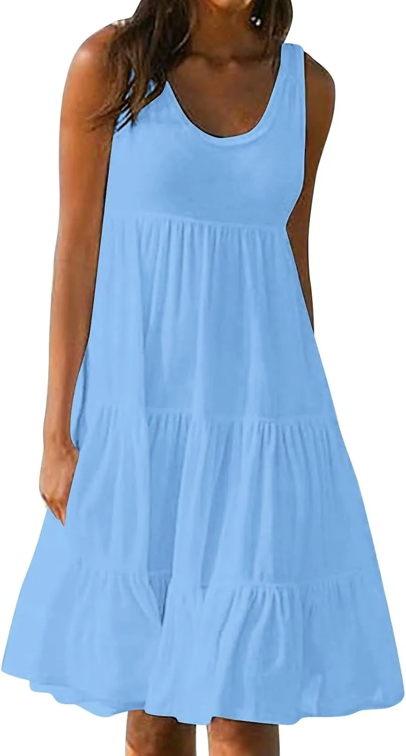 SHOPESSA Summer Dresses for Women 2025 Casual Round Neck Sleeveless Dress A Line Flowy Swing Dress Beach Vacation Sundress
