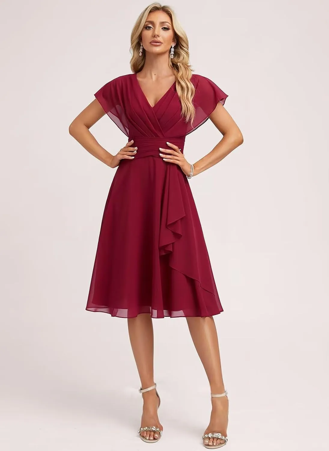 Short Bridesmaid Dresses for Women Ruffles Chiffon Sleeves Evening Gowns V Neck Formal Dress with Pocket HO049