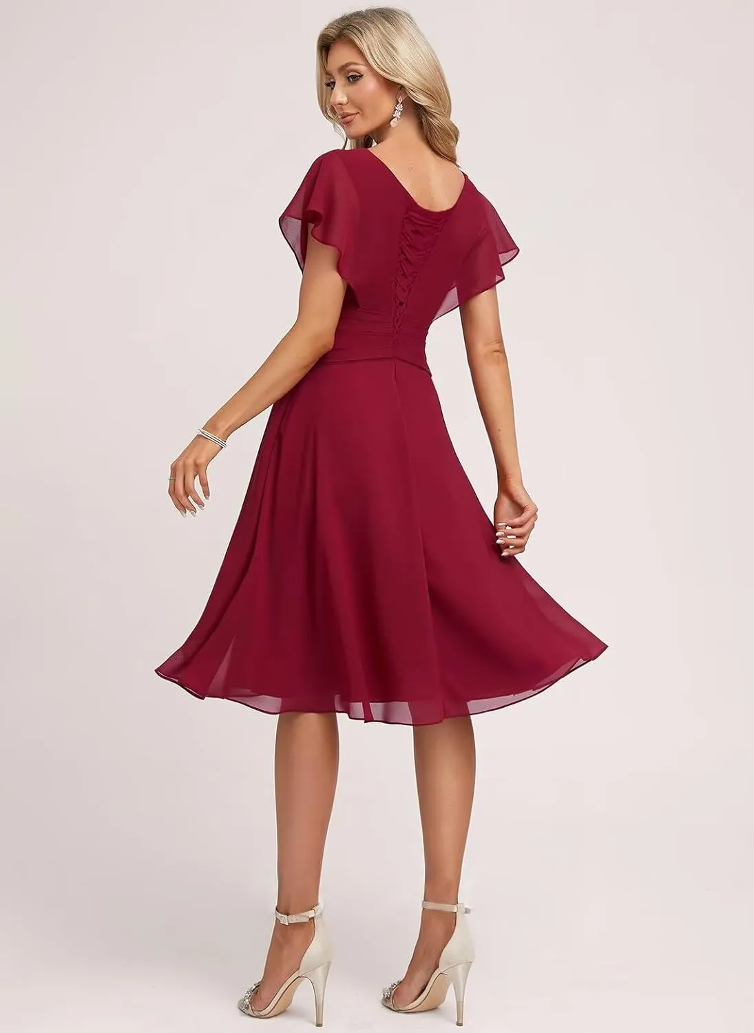 Short Bridesmaid Dresses for Women Ruffles Chiffon Sleeves Evening Gowns V Neck Formal Dress with Pocket HO049
