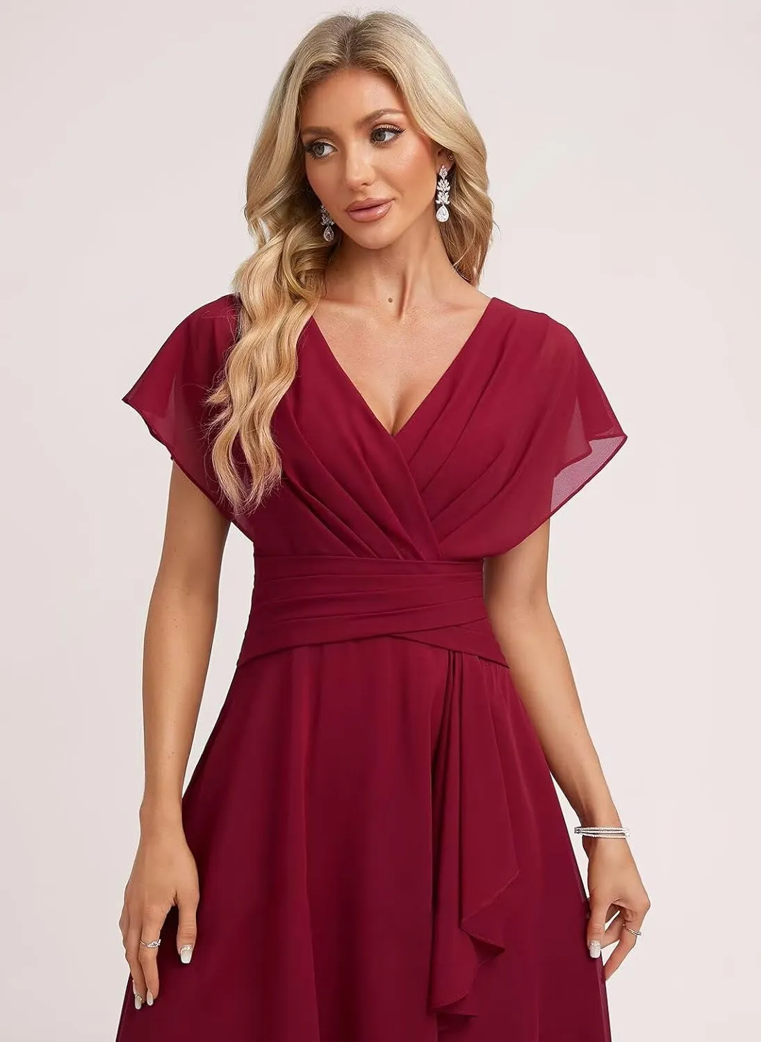 Short Bridesmaid Dresses for Women Ruffles Chiffon Sleeves Evening Gowns V Neck Formal Dress with Pocket HO049