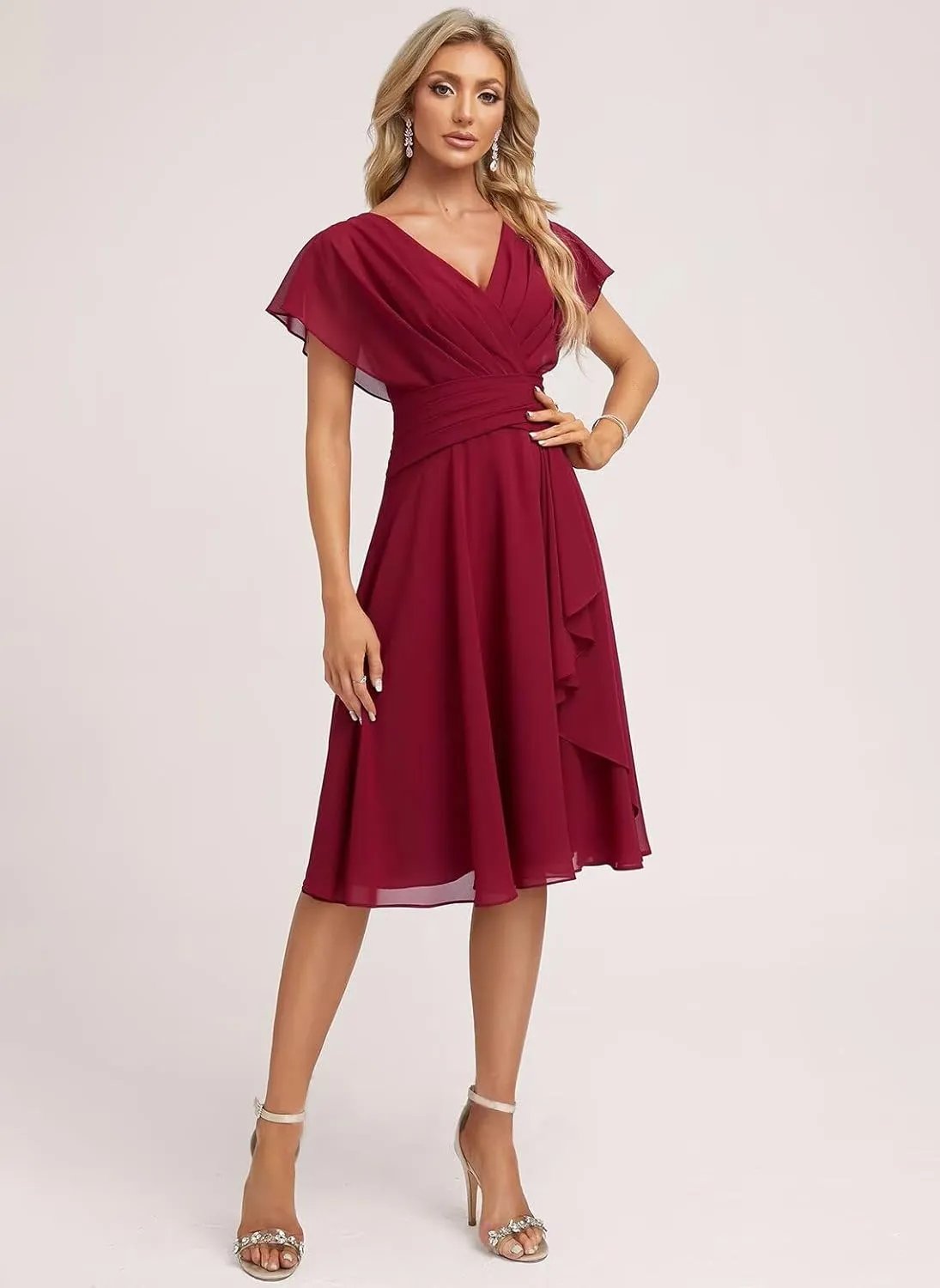 Short Bridesmaid Dresses for Women Ruffles Chiffon Sleeves Evening Gowns V Neck Formal Dress with Pocket HO049