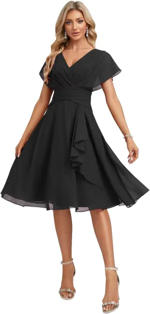 Short Bridesmaid Dresses for Women Ruffles Chiffon Sleeves Evening Gowns V Neck Formal Dress with Pocket HO049