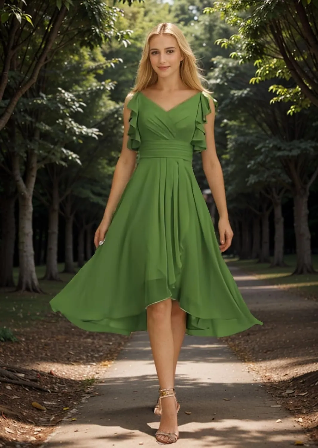 Short Bridesmaid Dresses for Women Spaghetti Straps High Low Chiffon Ruffle Evening Gowns for Wedding