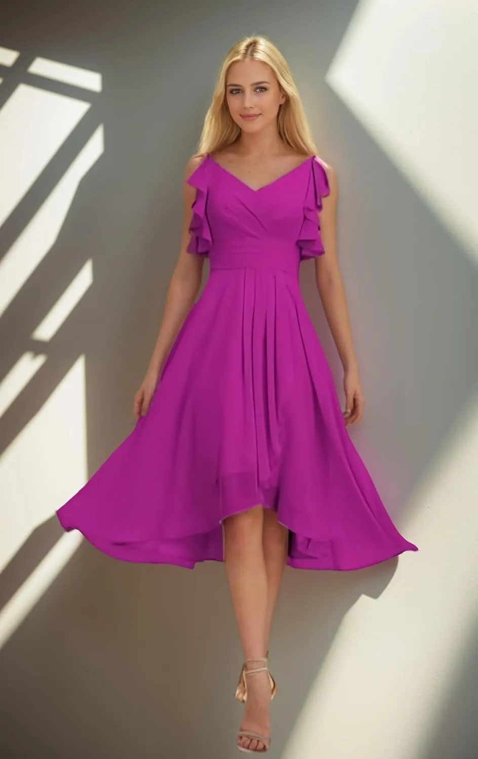 Short Bridesmaid Dresses for Women Spaghetti Straps High Low Chiffon Ruffle Evening Gowns for Wedding