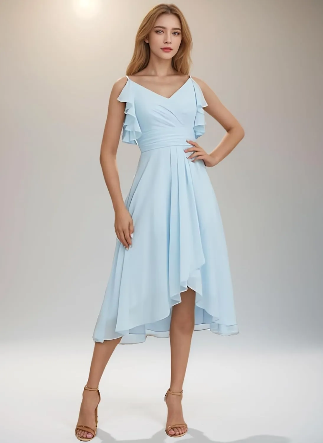 Short Bridesmaid Dresses for Women Spaghetti Straps High Low Chiffon Ruffle Evening Gowns for Wedding