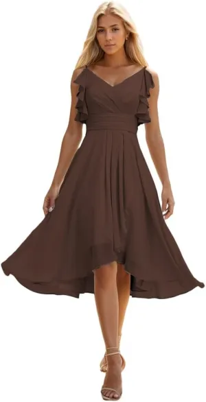 Short Bridesmaid Dresses for Women Spaghetti Straps High Low Chiffon Ruffle Evening Gowns for Wedding