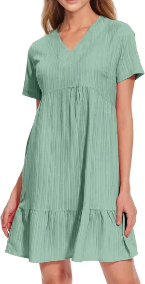 Short Dresses for Women Casual Summer Mini Dress V Neck Short Sleeve T Shirt Dress Tiered A Line Flowy Beach Sundress
