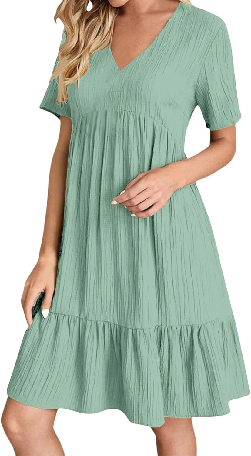 Short Dresses for Women Casual Summer Mini Dress V Neck Short Sleeve T Shirt Dress Tiered A Line Flowy Beach Sundress