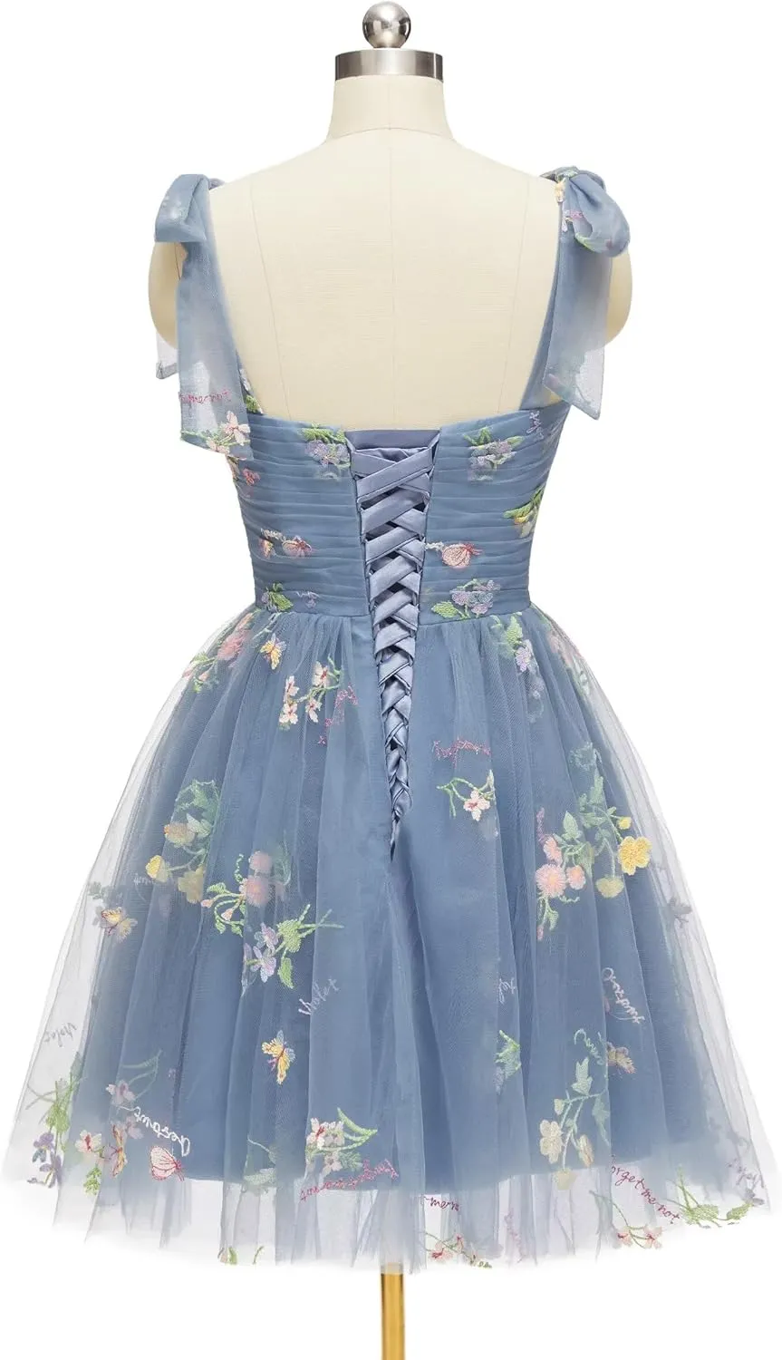 Short Homecoming Dresses for Teens Flower Embroidery Tulle Spaghetti Strap Knee Length Daisy Floral Prom Dresses