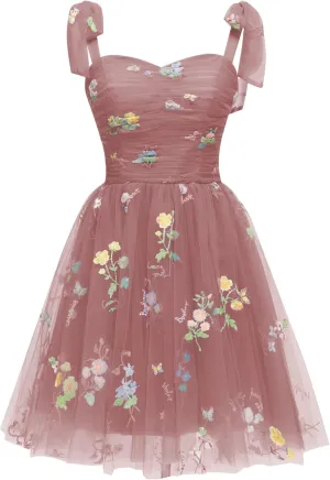 Short Homecoming Dresses for Teens Flower Embroidery Tulle Spaghetti Strap Knee Length Daisy Floral Prom Dresses