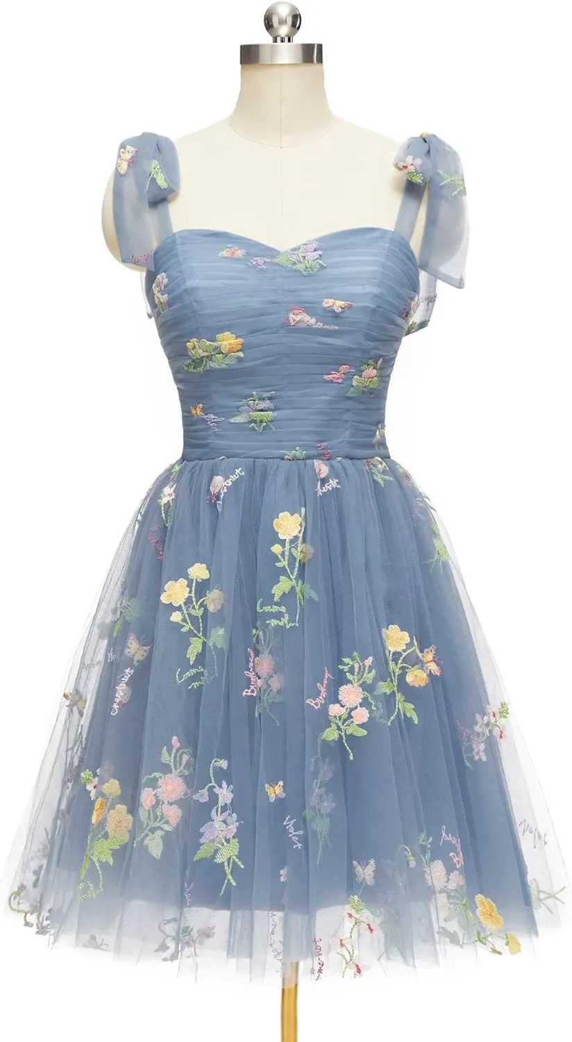 Short Homecoming Dresses for Teens Flower Embroidery Tulle Spaghetti Strap Knee Length Daisy Floral Prom Dresses