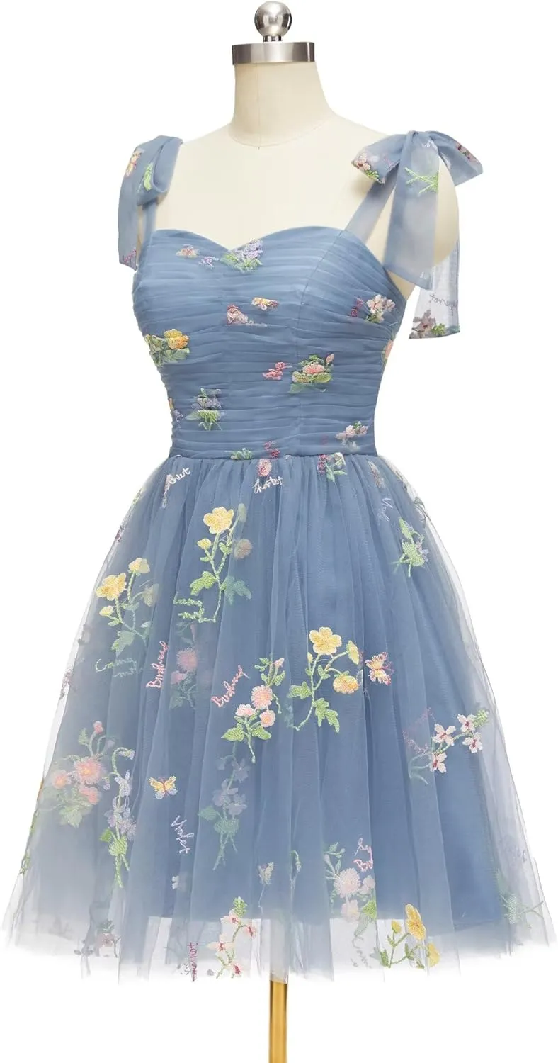Short Homecoming Dresses for Teens Flower Embroidery Tulle Spaghetti Strap Knee Length Daisy Floral Prom Dresses