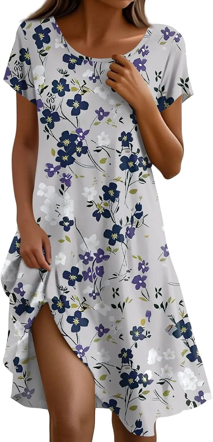 Short Sleeve Boho Mini Dress for Women Casual Loose Fit Summer Sundress Floral Print Shift Dress with Pockets 2025