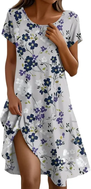 Short Sleeve Boho Mini Dress for Women Casual Loose Fit Summer Sundress Floral Print Shift Dress with Pockets 2025
