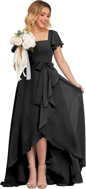 Short Sleeve Bridesmaid Dresses for Women Square Neck Chiffon Ruffle High Low Formal Dress