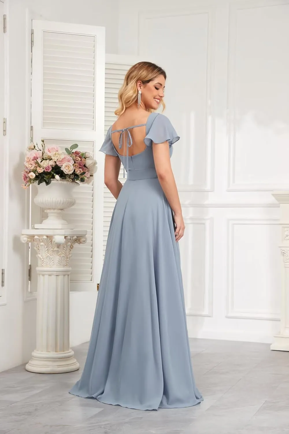 Short Sleeve Bridesmaid Dresses for Women Square Neck Chiffon Ruffle High Low Formal Dress