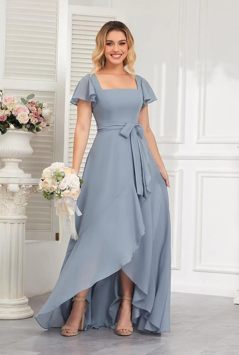 Short Sleeve Bridesmaid Dresses for Women Square Neck Chiffon Ruffle High Low Formal Dress