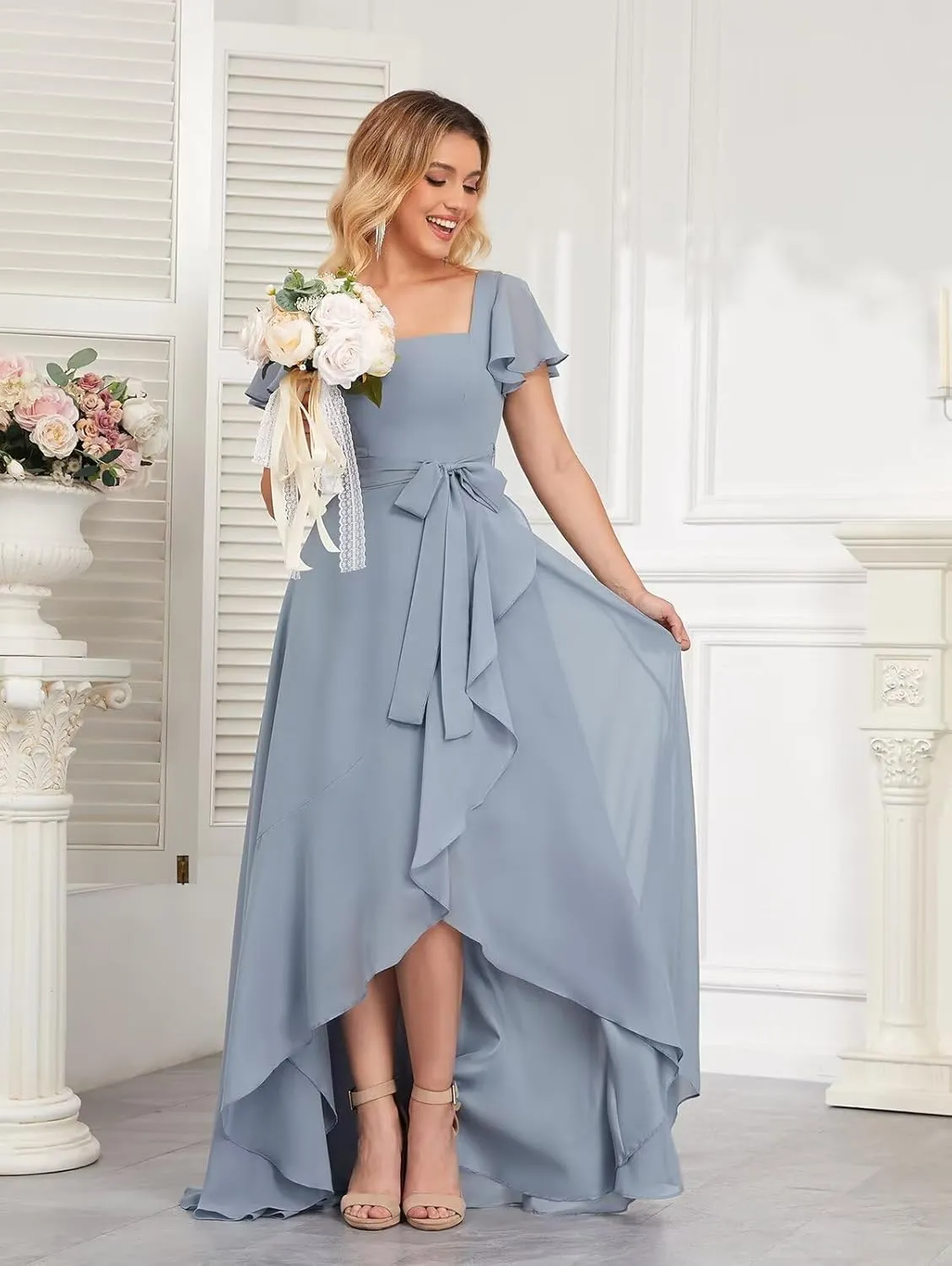 Short Sleeve Bridesmaid Dresses for Women Square Neck Chiffon Ruffle High Low Formal Dress