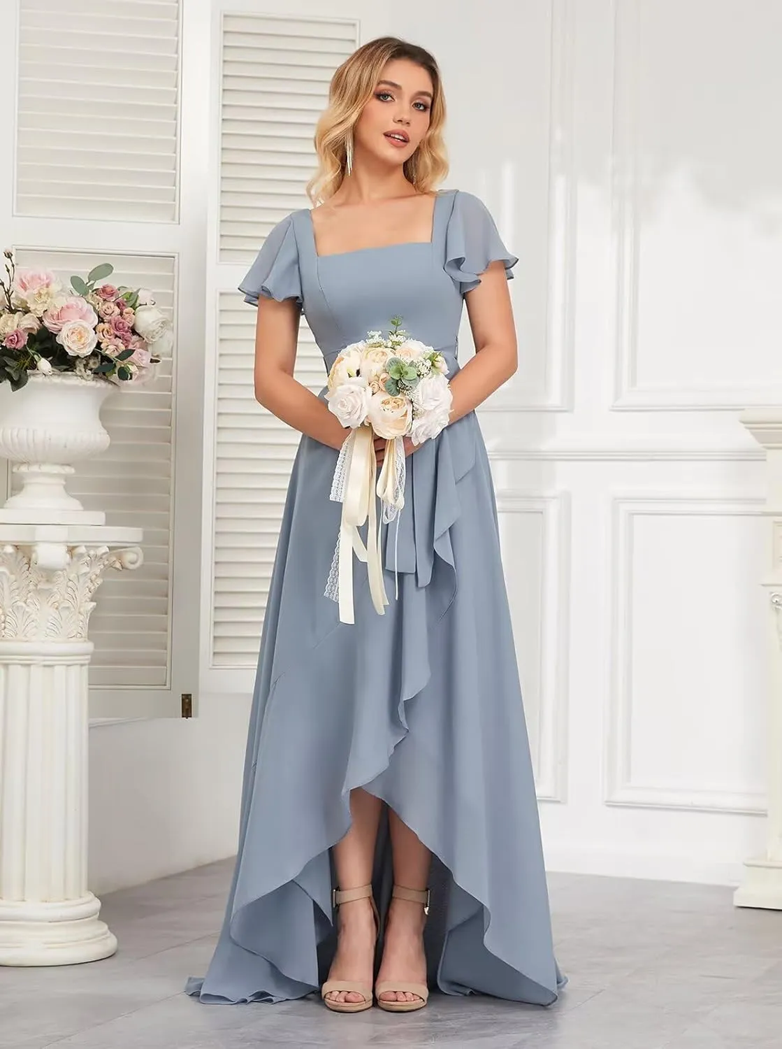 Short Sleeve Bridesmaid Dresses for Women Square Neck Chiffon Ruffle High Low Formal Dress