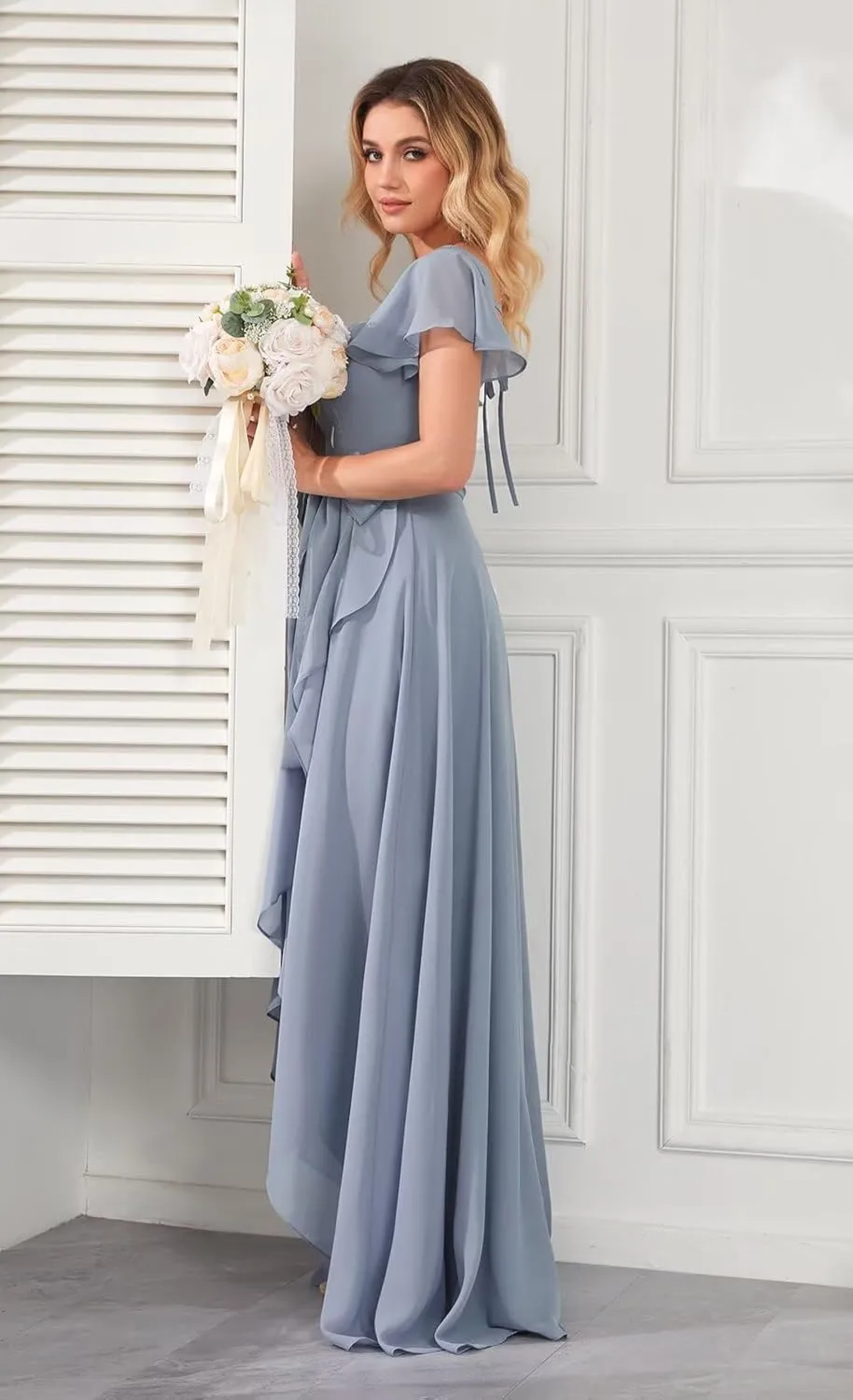Short Sleeve Bridesmaid Dresses for Women Square Neck Chiffon Ruffle High Low Formal Dress