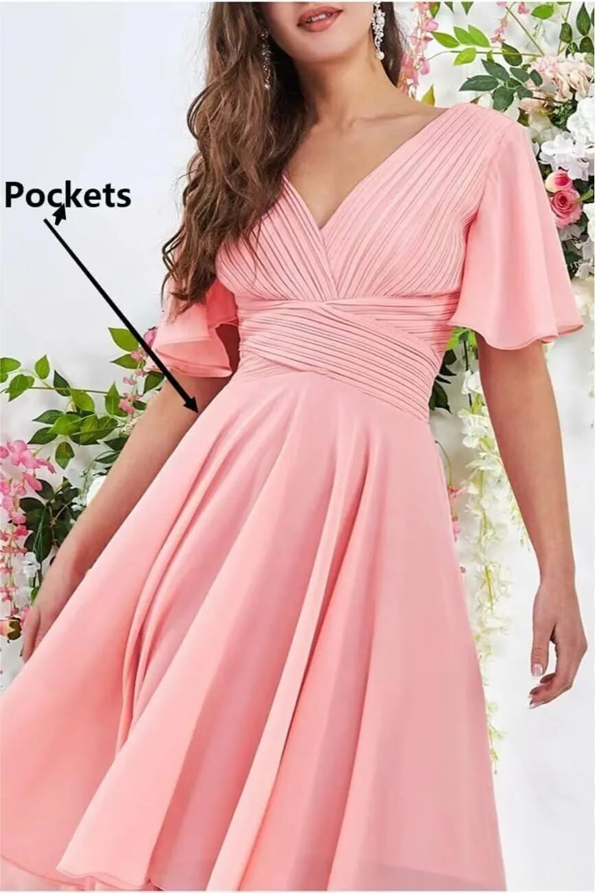 Short Sleeve Bridesmaid Dresses High Low Formal Dresses with Pockets Chiffon V Neck Wedding Guest Dresses ZW08