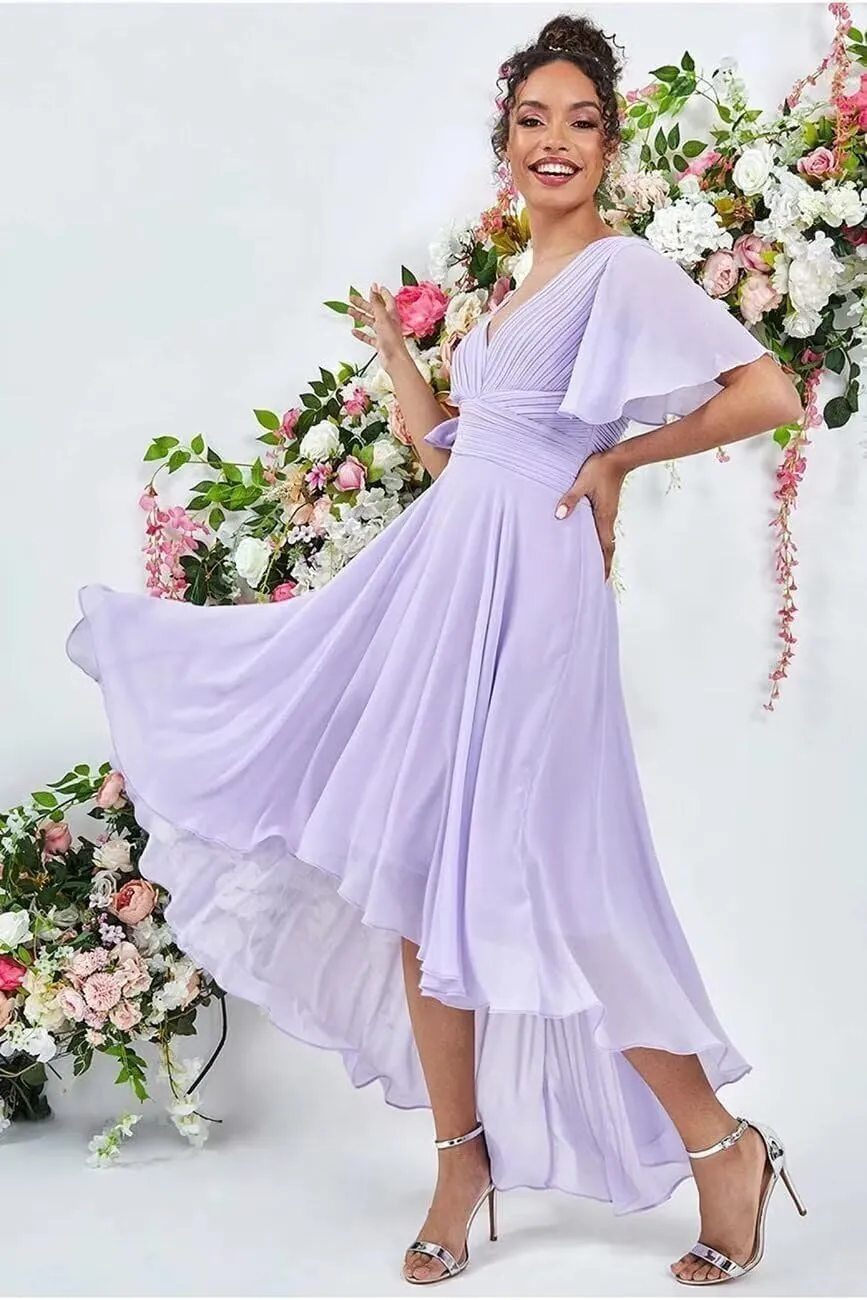 Short Sleeve Bridesmaid Dresses High Low Formal Dresses with Pockets Chiffon V Neck Wedding Guest Dresses ZW08