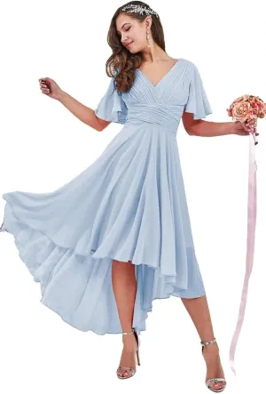 Short Sleeve Bridesmaid Dresses High Low Formal Dresses with Pockets Chiffon V Neck Wedding Guest Dresses ZW08