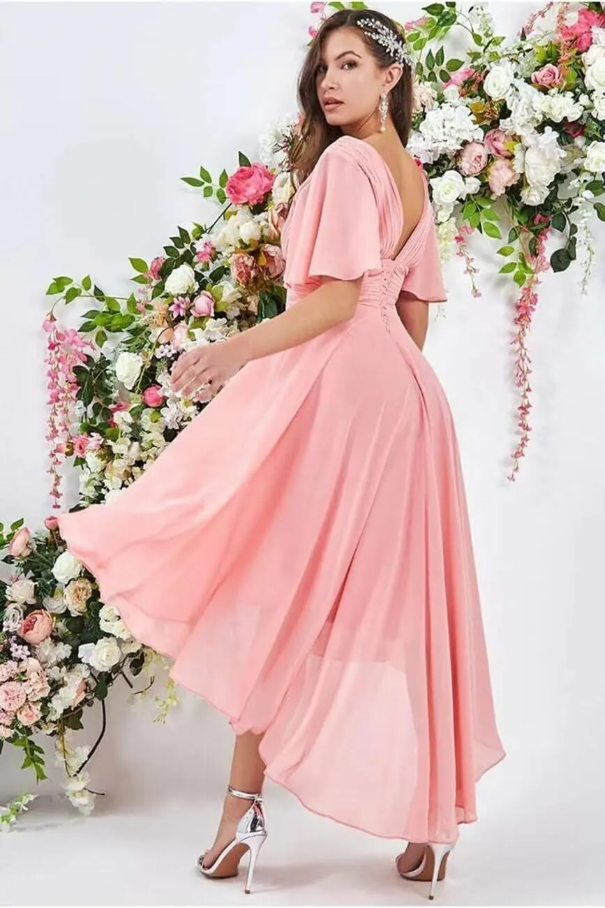 Short Sleeve Bridesmaid Dresses High Low Formal Dresses with Pockets Chiffon V Neck Wedding Guest Dresses ZW08