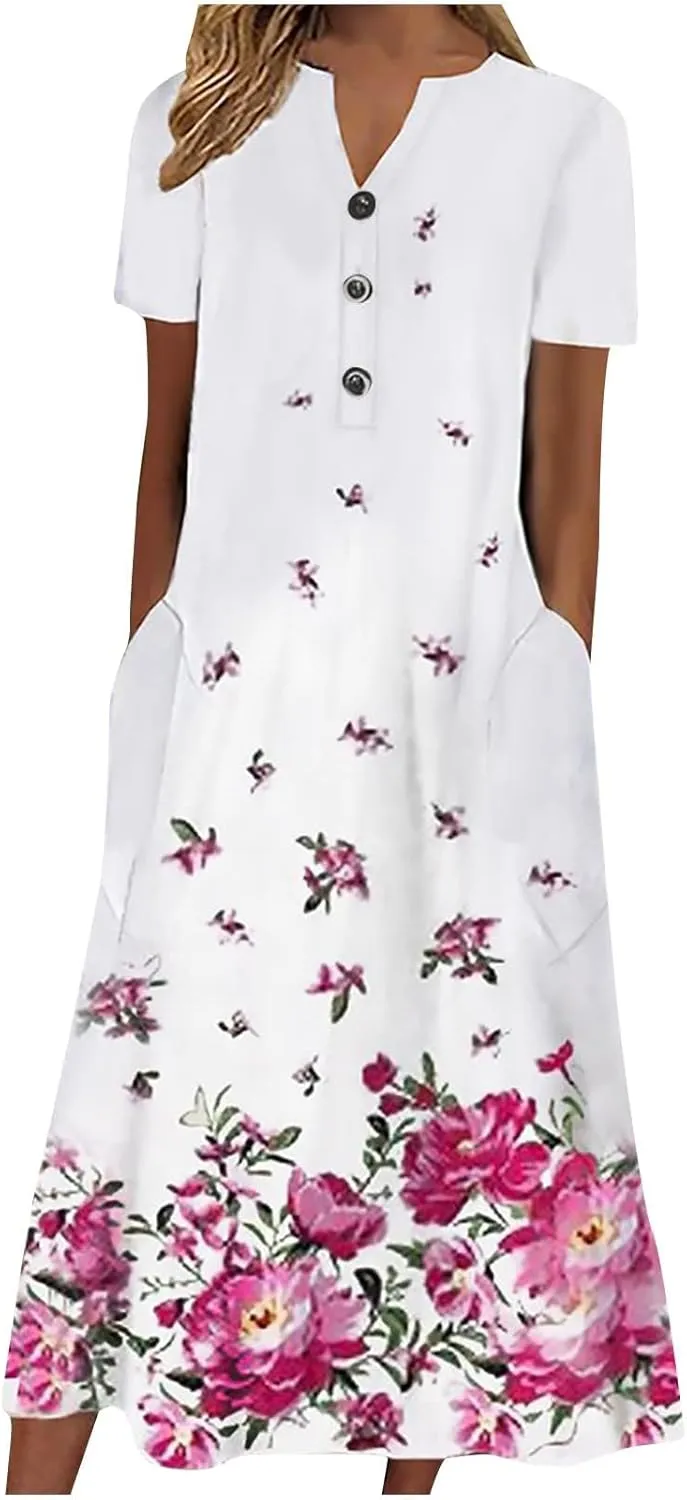 Short Sleeve Dress, Women's Summer Casual Fashion Printed Short Sleeve 2022 O-Neck Pocket Dress