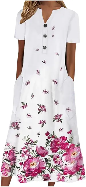 Short Sleeve Dress, Women's Summer Casual Fashion Printed Short Sleeve 2022 O-Neck Pocket Dress