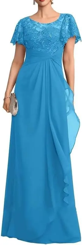 Short Sleeve Mother of The Bride Dresses Long Laces Sequin Chiffon Wedding Wedding Formal Gowns for Women MJ72