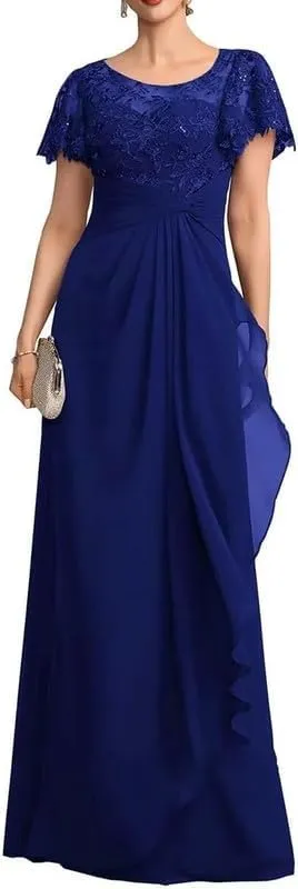 Short Sleeve Mother of The Bride Dresses Long Laces Sequin Chiffon Wedding Wedding Formal Gowns for Women MJ72