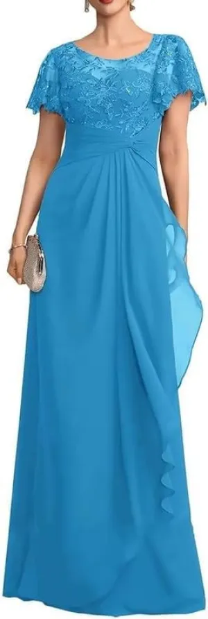 Short Sleeve Mother of The Bride Dresses Long Laces Sequin Chiffon Wedding Wedding Formal Gowns for Women MJ72