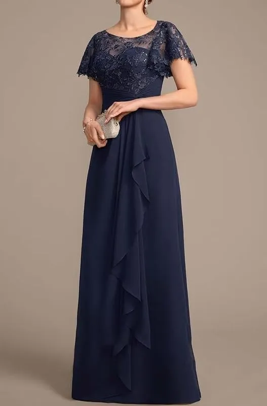 Short Sleeve Mother of The Bride Dresses Long Laces Sequin Chiffon Wedding Wedding Formal Gowns for Women MJ72