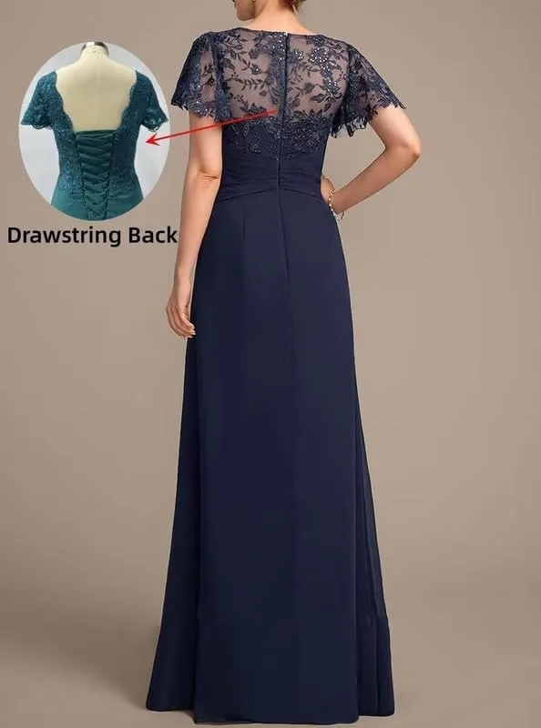 Short Sleeve Mother of The Bride Dresses Long Laces Sequin Chiffon Wedding Wedding Formal Gowns for Women MJ72