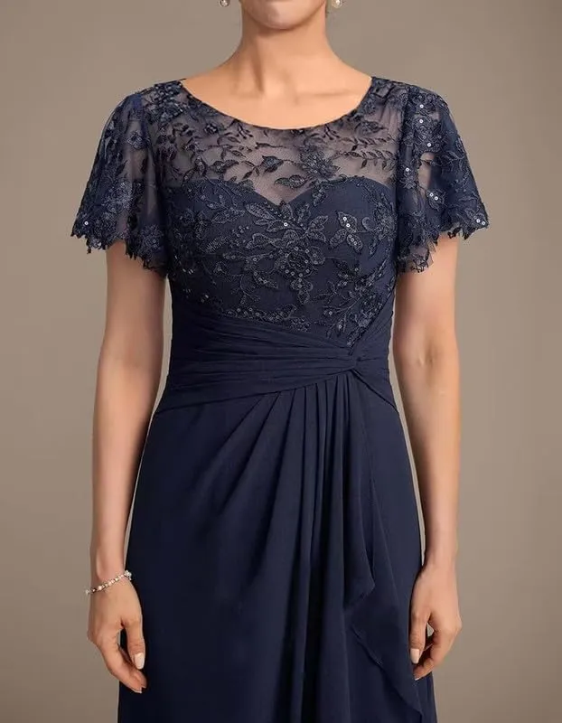 Short Sleeve Mother of The Bride Dresses Long Laces Sequin Chiffon Wedding Wedding Formal Gowns for Women MJ72