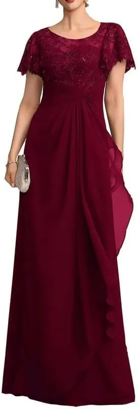 Short Sleeve Mother of The Bride Dresses Long Laces Sequin Chiffon Wedding Wedding Formal Gowns for Women MJ72