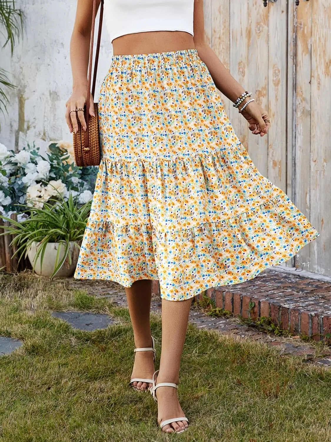 SimpleFun Women's Summer Boho Flowy Midi Skirt Casual Elastic High Waist Tiered Long Skirts with Pockets