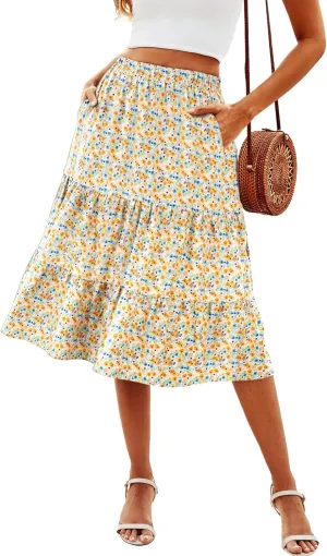 SimpleFun Women's Summer Boho Flowy Midi Skirt Casual Elastic High Waist Tiered Long Skirts with Pockets