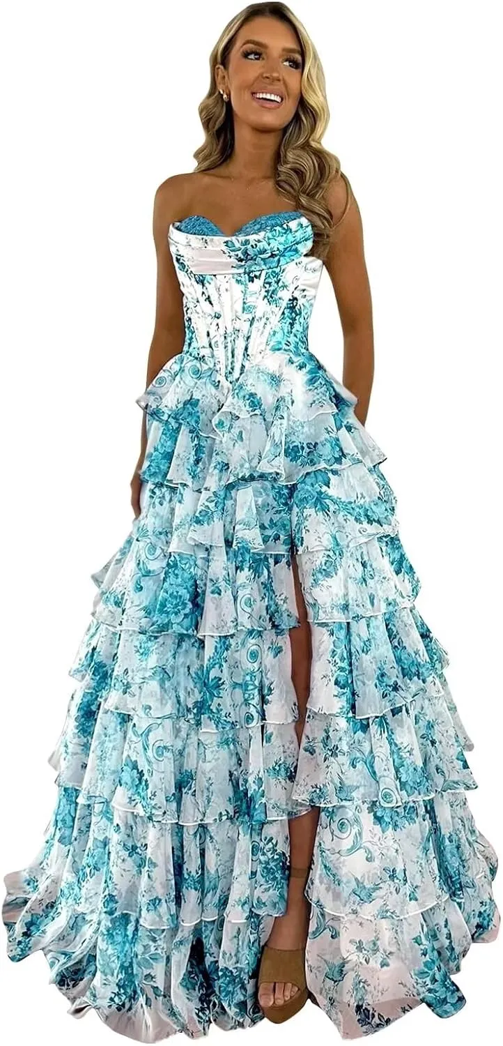 SIPUHK Floral Print Prom Dreses for Women Strapless Tiered Chiffon Ball Gown Strapless Puffy Evening Party Dress with Pockets