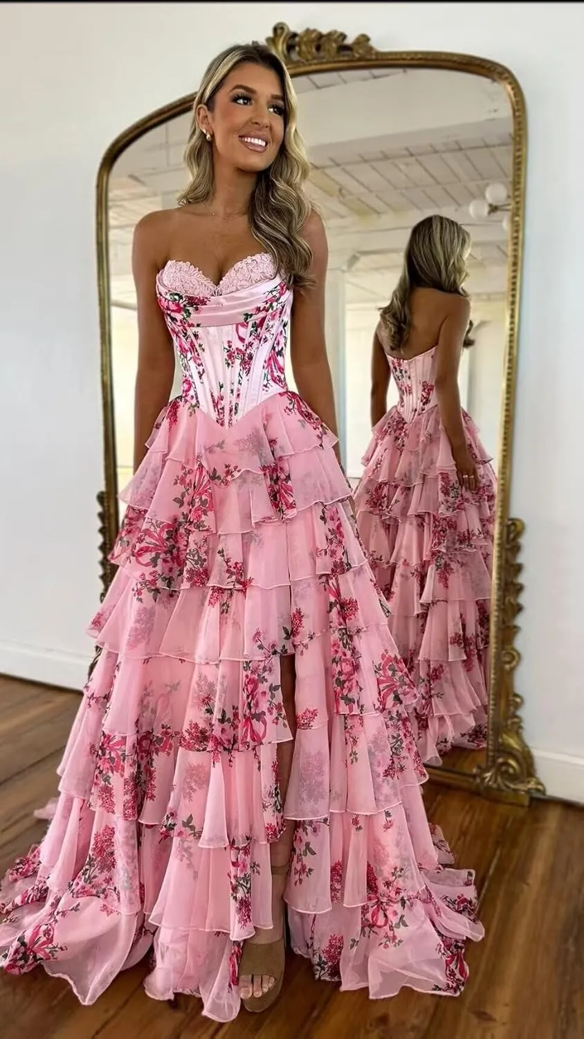 SIPUHK Floral Print Prom Dreses for Women Strapless Tiered Chiffon Ball Gown Strapless Puffy Evening Party Dress with Pockets