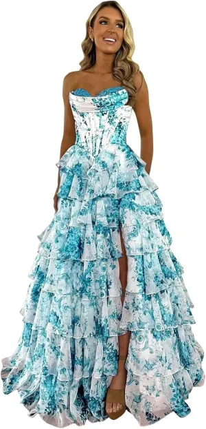SIPUHK Floral Print Prom Dreses for Women Strapless Tiered Chiffon Ball Gown Strapless Puffy Evening Party Dress with Pockets