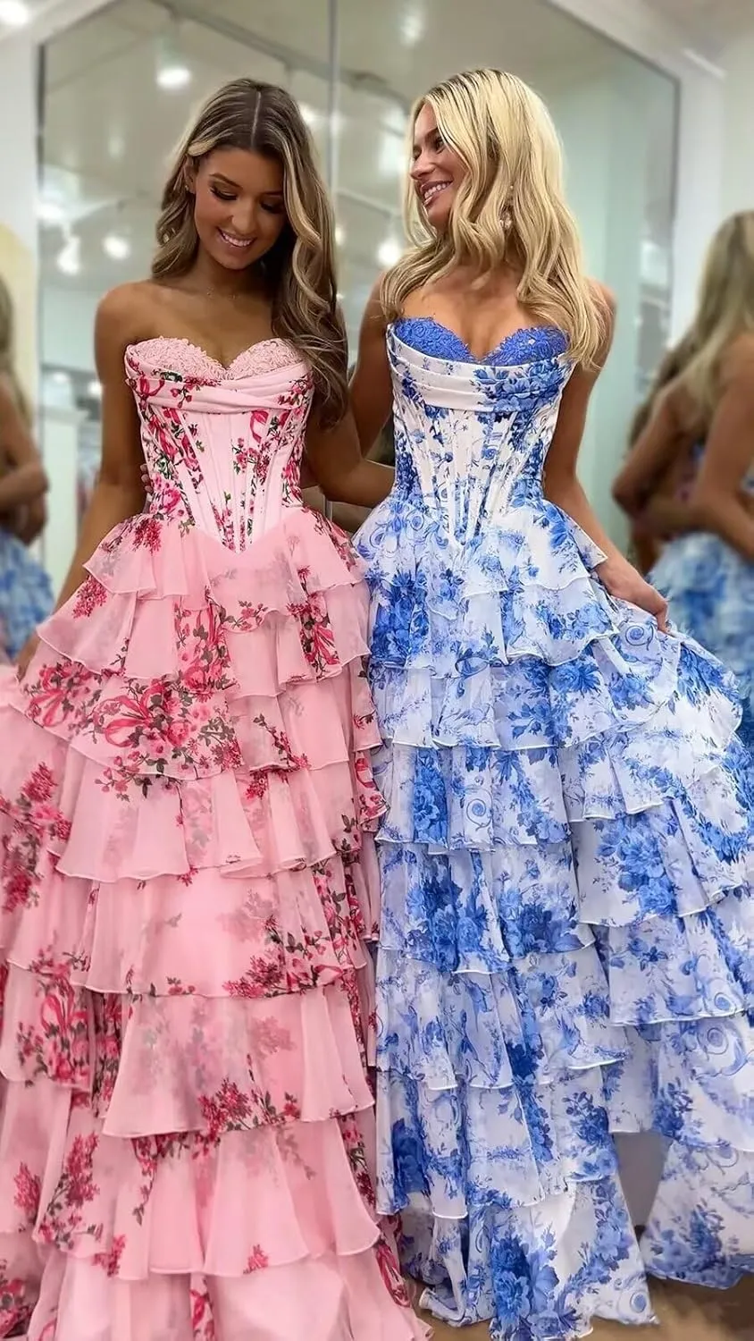 SIPUHK Floral Print Prom Dreses for Women Strapless Tiered Chiffon Ball Gown Strapless Puffy Evening Party Dress with Pockets