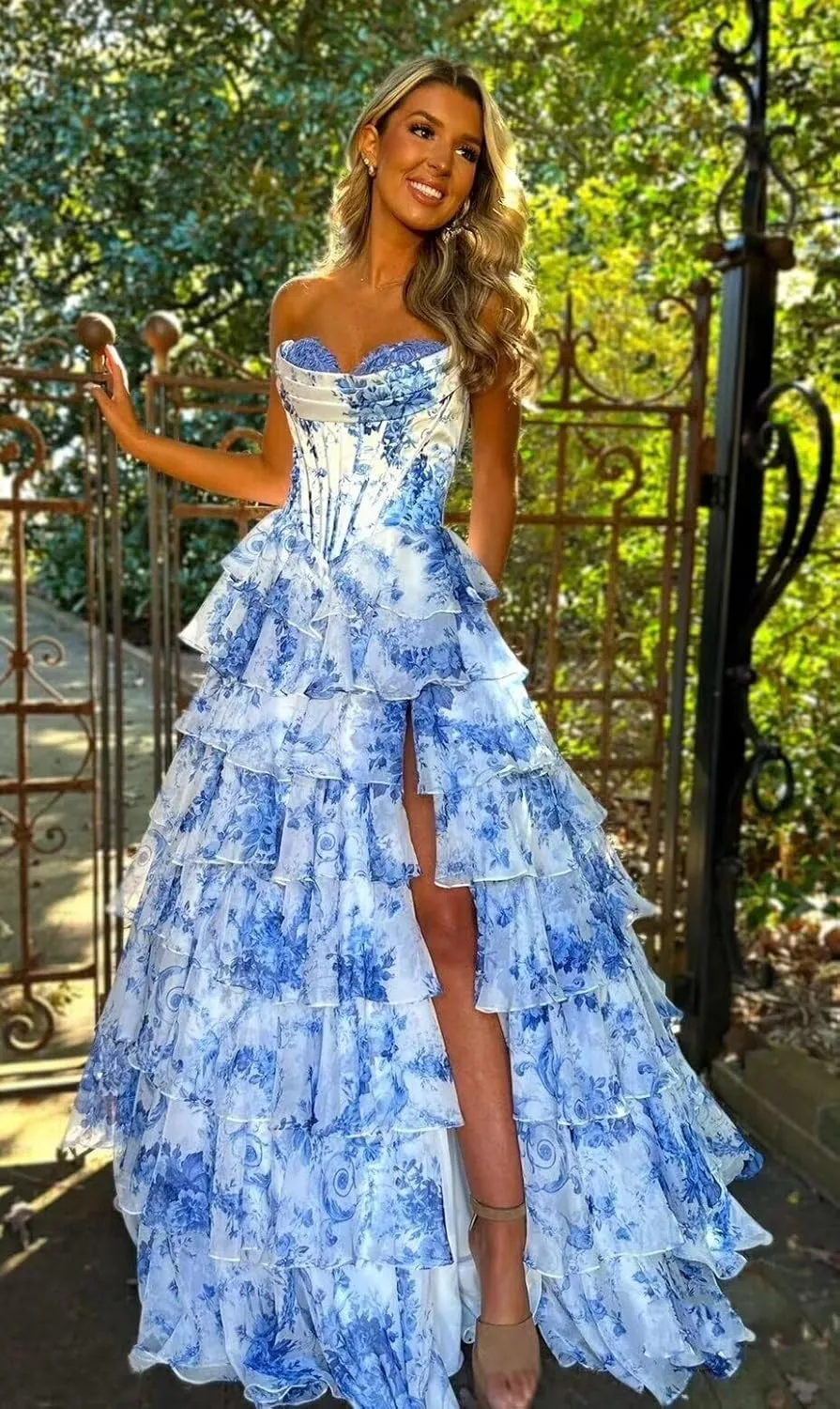 SIPUHK Floral Print Prom Dreses for Women Strapless Tiered Chiffon Ball Gown Strapless Puffy Evening Party Dress with Pockets