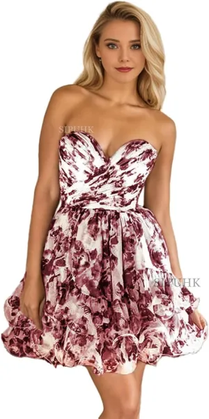 SIPUHK Short Homecoming Dresses for Teens Floral Print Chiffon Cocktail Dress Strapless Tiered Ruffle Prom Dresses for Women
