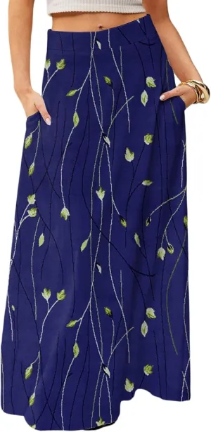 Skirts for Women Midi Length Summer High Waisted Pleated A-Line Swing Floral Long with Pockets