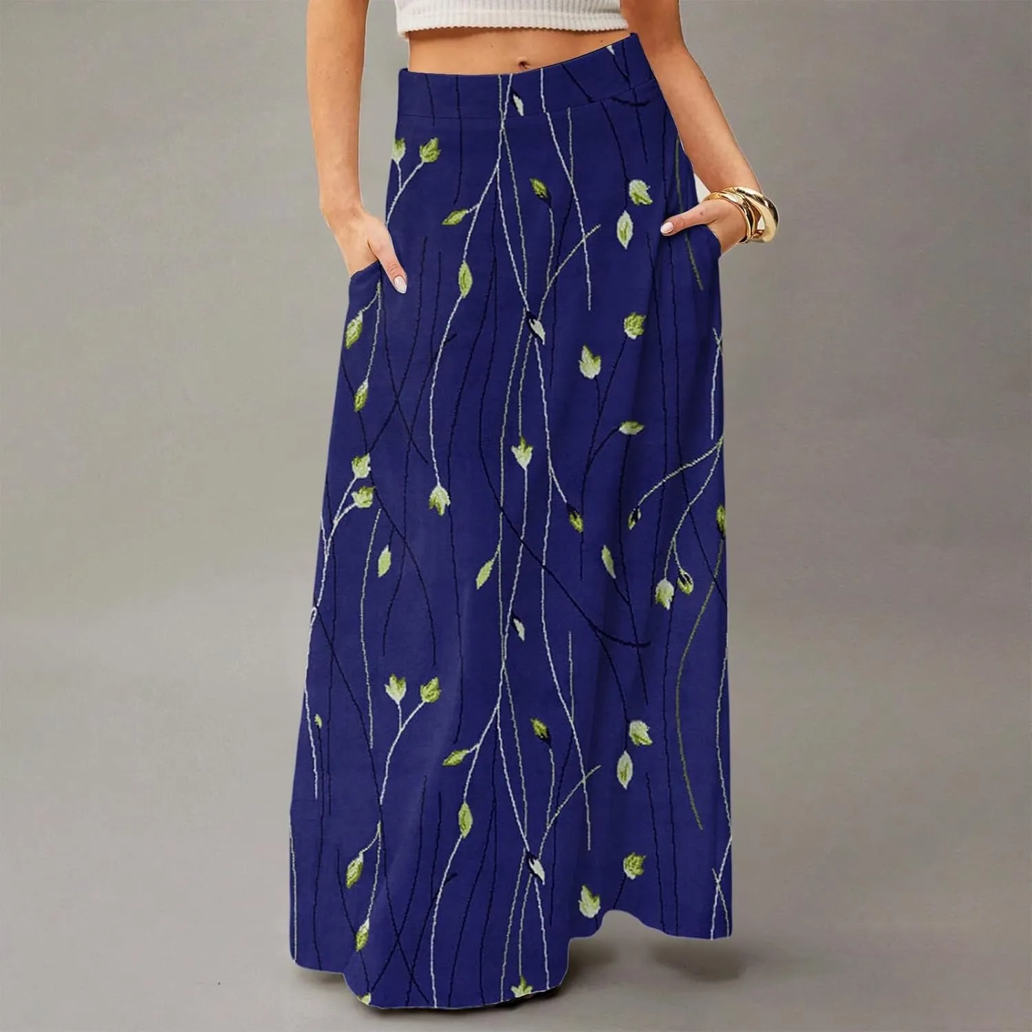 Skirts for Women Midi Length Summer High Waisted Pleated A-Line Swing Floral Long with Pockets