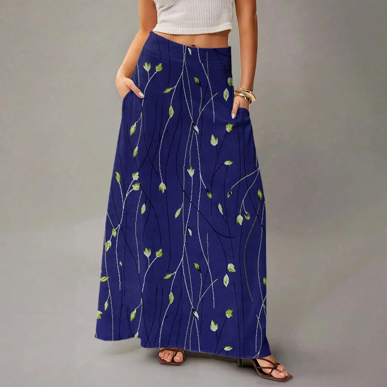 Skirts for Women Midi Length Summer High Waisted Pleated A-Line Swing Floral Long with Pockets