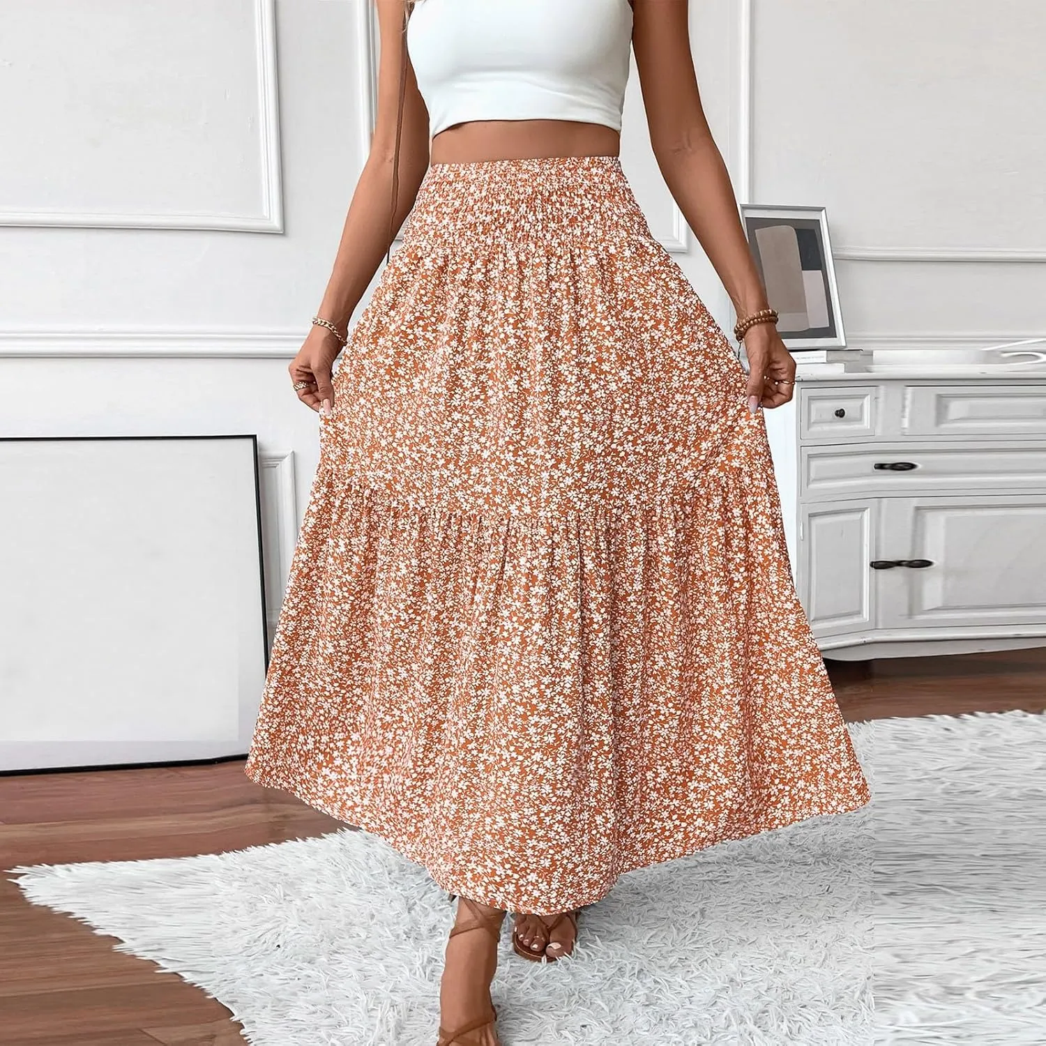 Skirts for Women Summer Comfy High Elastic Waist Maxi Skirt Casual Trendy Flowy Ruffle Printed A Line Boho Cute Skirts